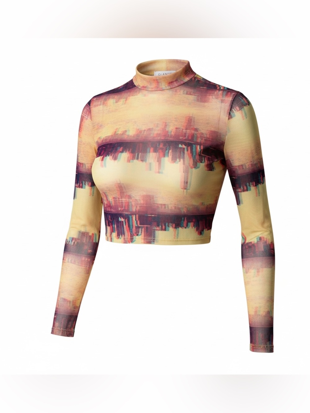 Glande Cityscape Mock-Neck Yellow & Burgundy Crop Top